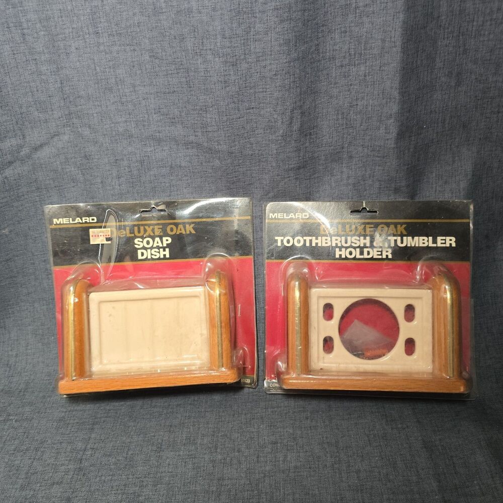 90's Deluxe Oak Bathroom Set Soap Dish Toothbrush & Tumbler Concealed Mounting